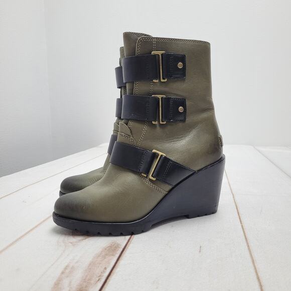 Sorel after hours green leather buckle wedges wedge boots waterproof gorpcore - Picture 1 of 8